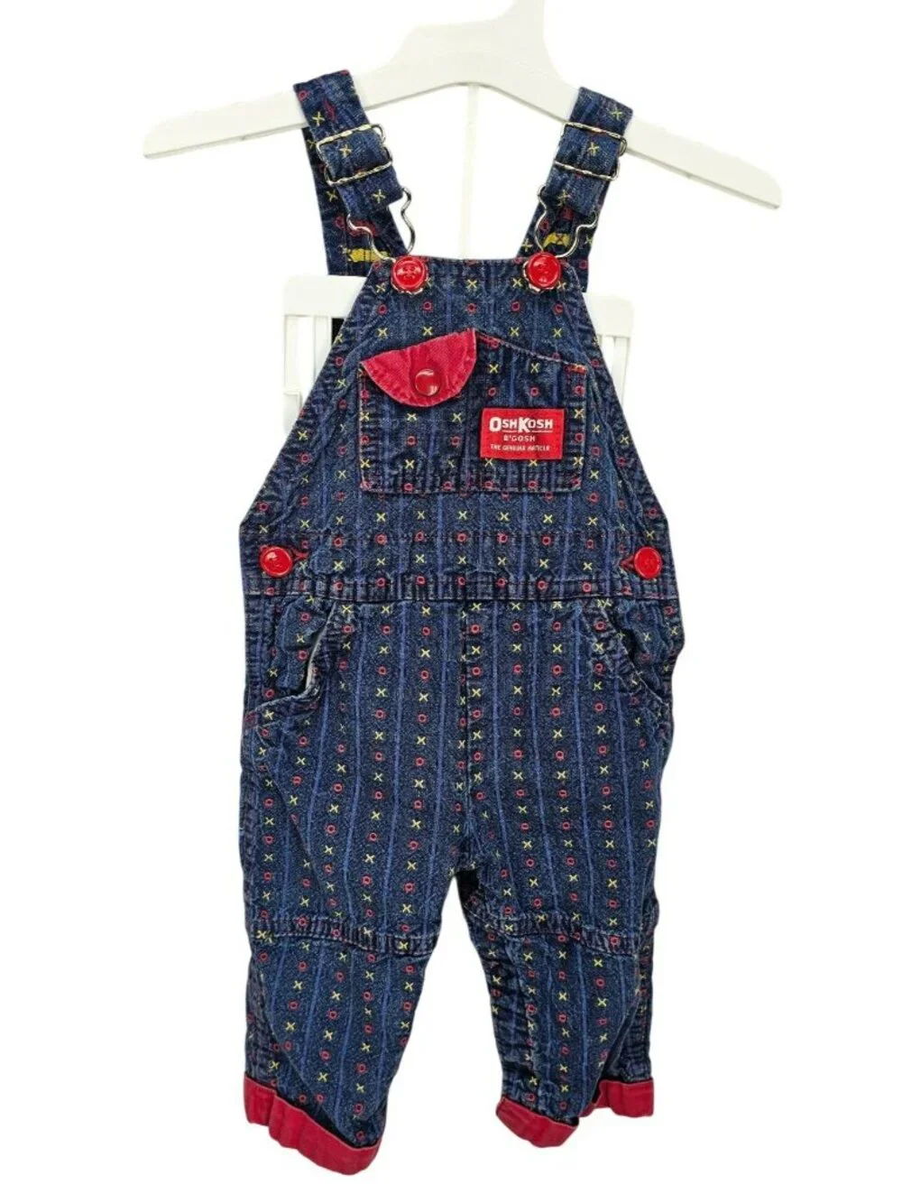 OshKosh Bgosh Infant Girls XO Tic Tack Toe Denim Overalls 6/9M Red USA Made‎